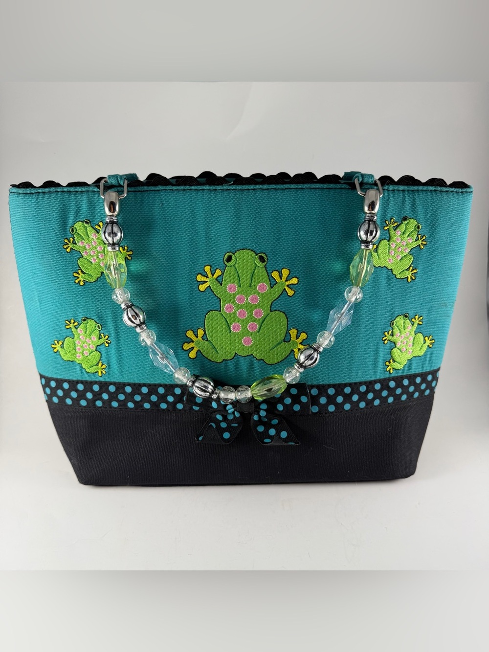 VIVARY Frog Purse Turquoise Black Embroidered Beaded Handle Polka Dot Bag